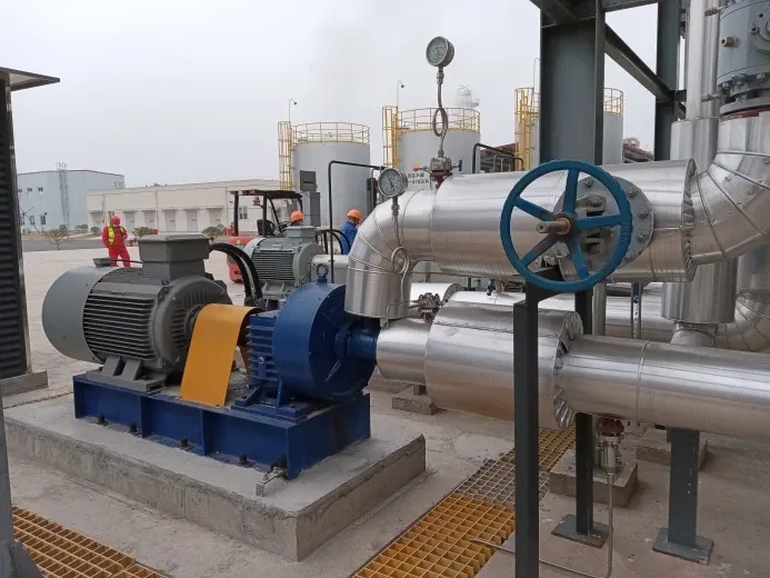 EHIK blue pump and motor connected to insulated feedwater pipework at Anyue.