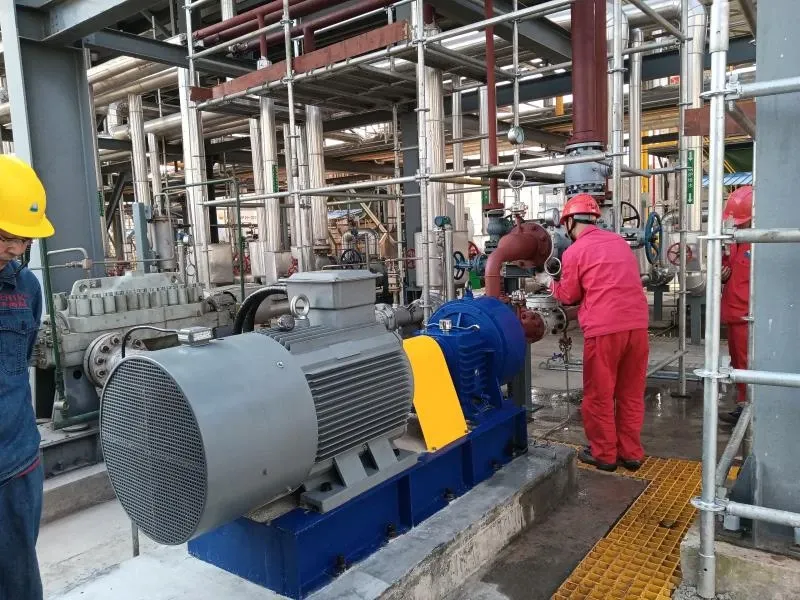 EHIK pump, grey motor and yellow coupling guard installed among pipes and valves at the Anyue feedwater site, with personnel nearby.