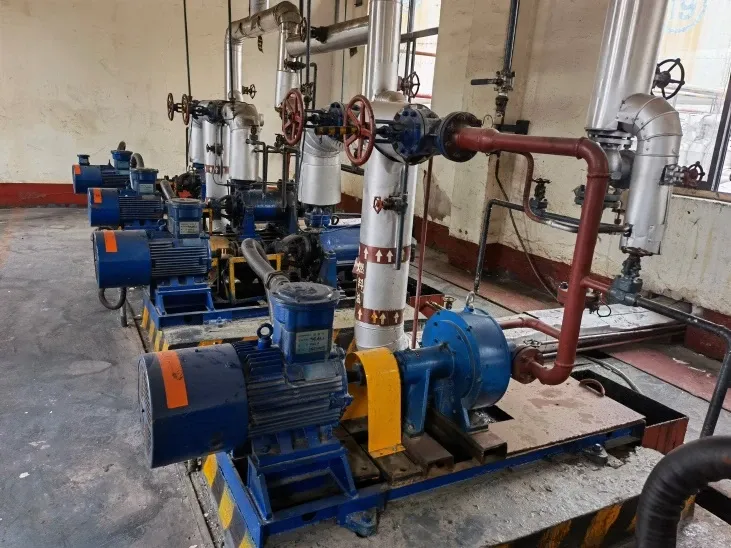 A row of blue EHIK pump sets connected to insulated pipework at a carbon-black plant in Shandong.
