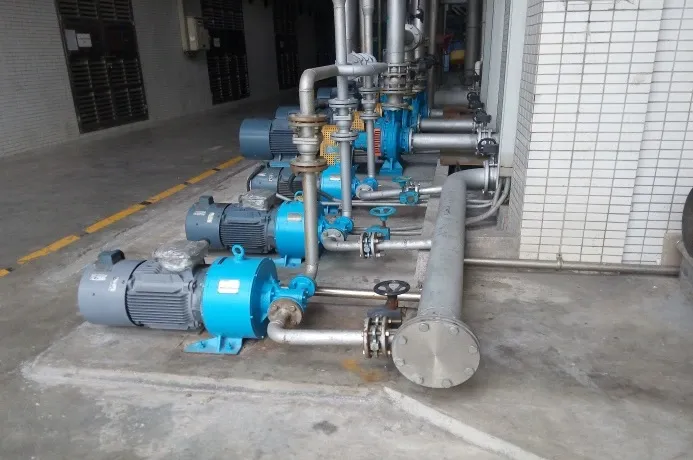 EHIK pump sets connected to a row of shower-water pipes at a Vinda paper mill in China.