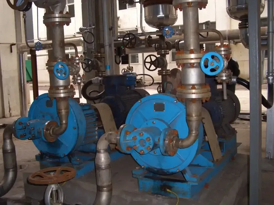 Two blue EHIK pumps connected to pipework and valves at a urea hydrolysis feed installation.