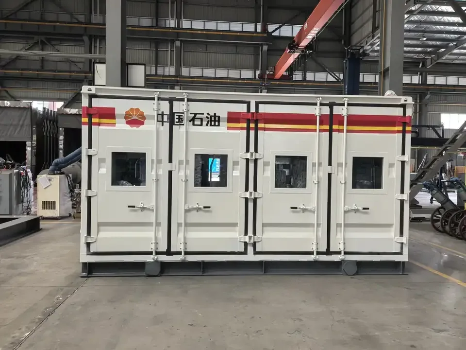 Front of the enclosed PetroChina skid with several equipment-access doors.