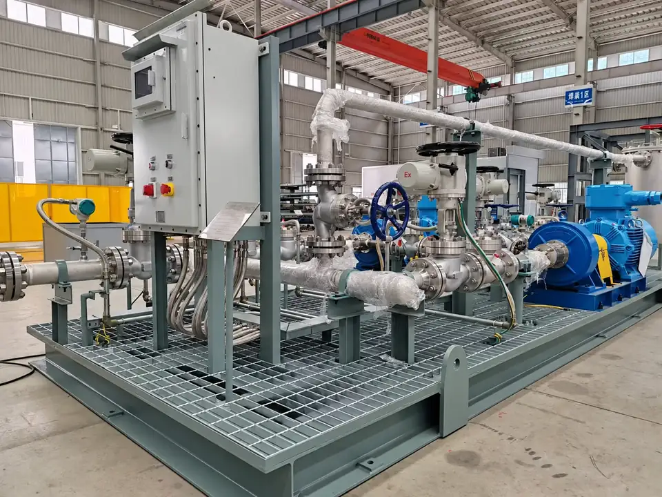 EHIK integrated pump skid with pump, motor, piping and control cabinet.